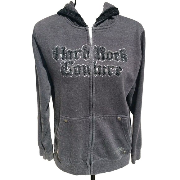 Hard Rock Café Chicago Jacket Hoodie Womens Sz Small Gray Bling Accents Full Zip - Picture 2 of 16